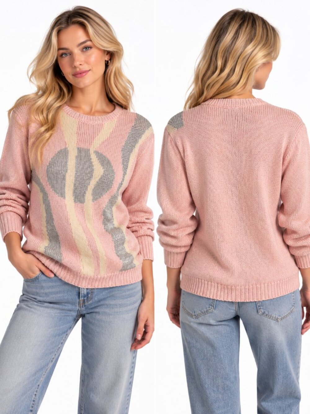 Duet Vintage Metallic Abstract Knit Sweater Pastel Pink Silver Cream Small
